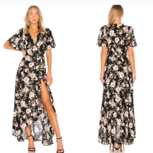 Show Me Your Mumu "Marianne" Black Floral Hi-Low V-Neck Wrap Maxi Dress M